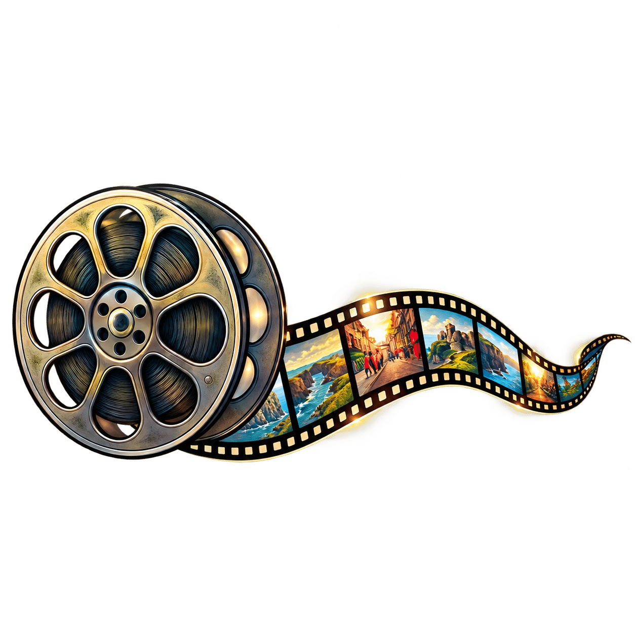 Cinematic vintage film reel and Ireland travel filmstrip